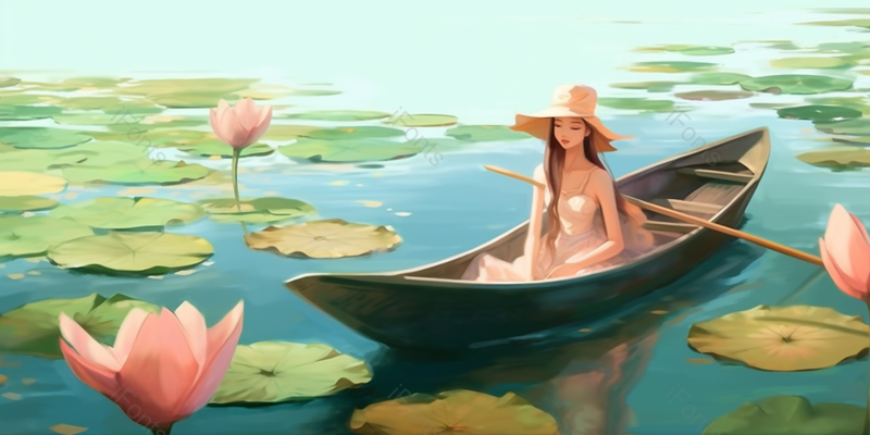 绿色唯美荷塘泛舟插画背景,插画/手绘图,插画/手绘图库,插画/手绘图下载,插画/手绘
